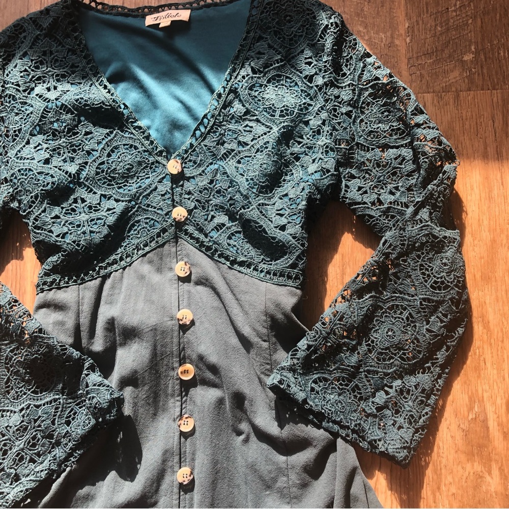 Teal Lace Button Front A-Line Dress